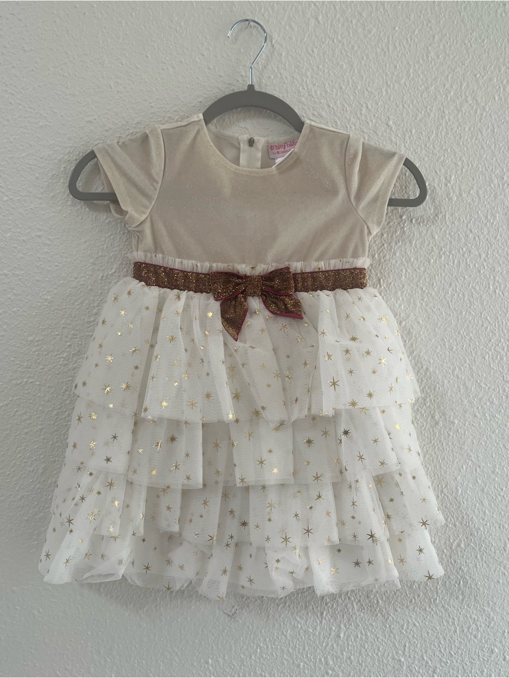 American Girl Bitty Baby Child Sized Cream/Gold Tulle Dress with Glitter Bow